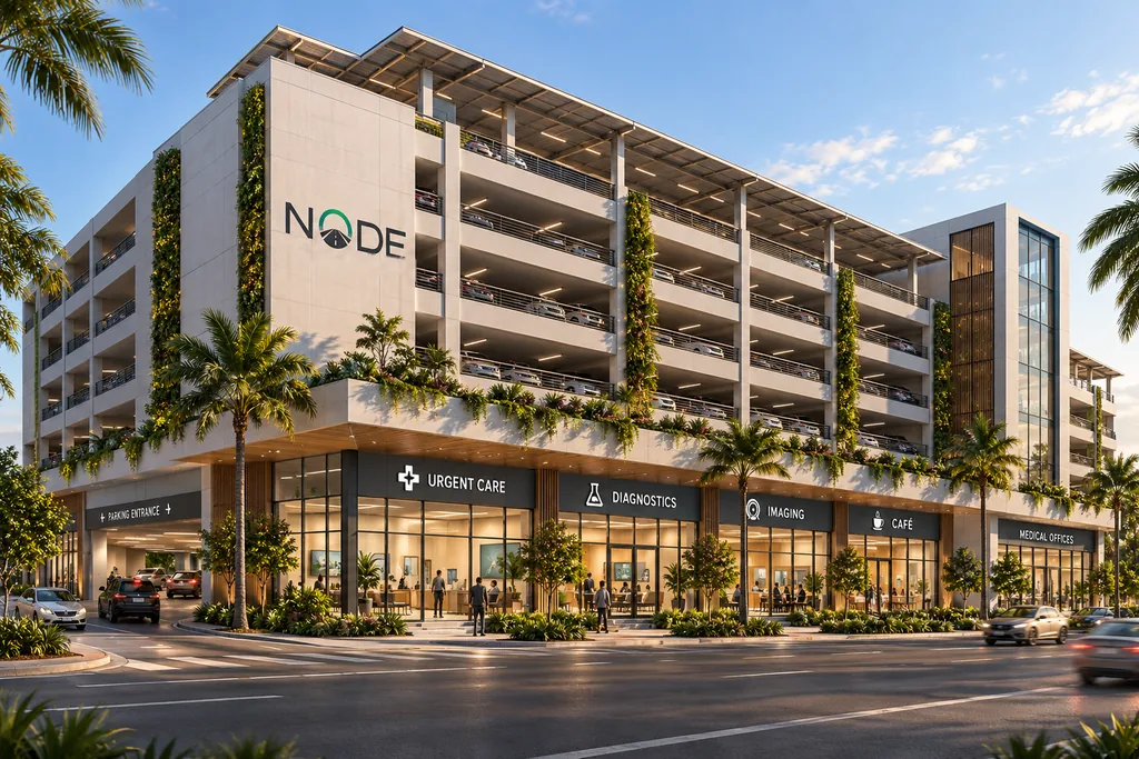 Proposed healthcare concept showing a Node parking structure above street-level urgent care, diagnostics, imaging, a café, and medical offices.